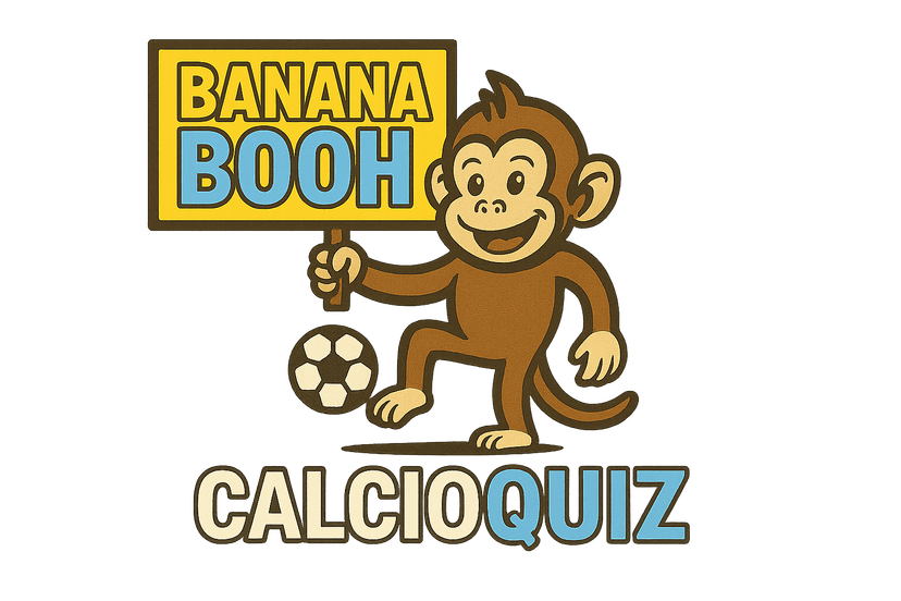 CalcioQuiz Logo - Scimmia con pallone e cartello BANANA BOOH